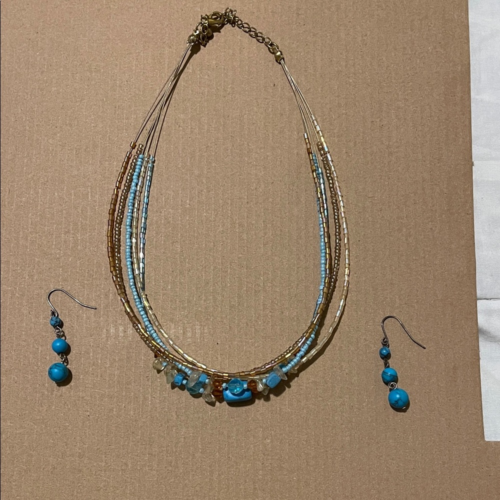 Turquoise and Gold Beaded Necklace and Earring Set